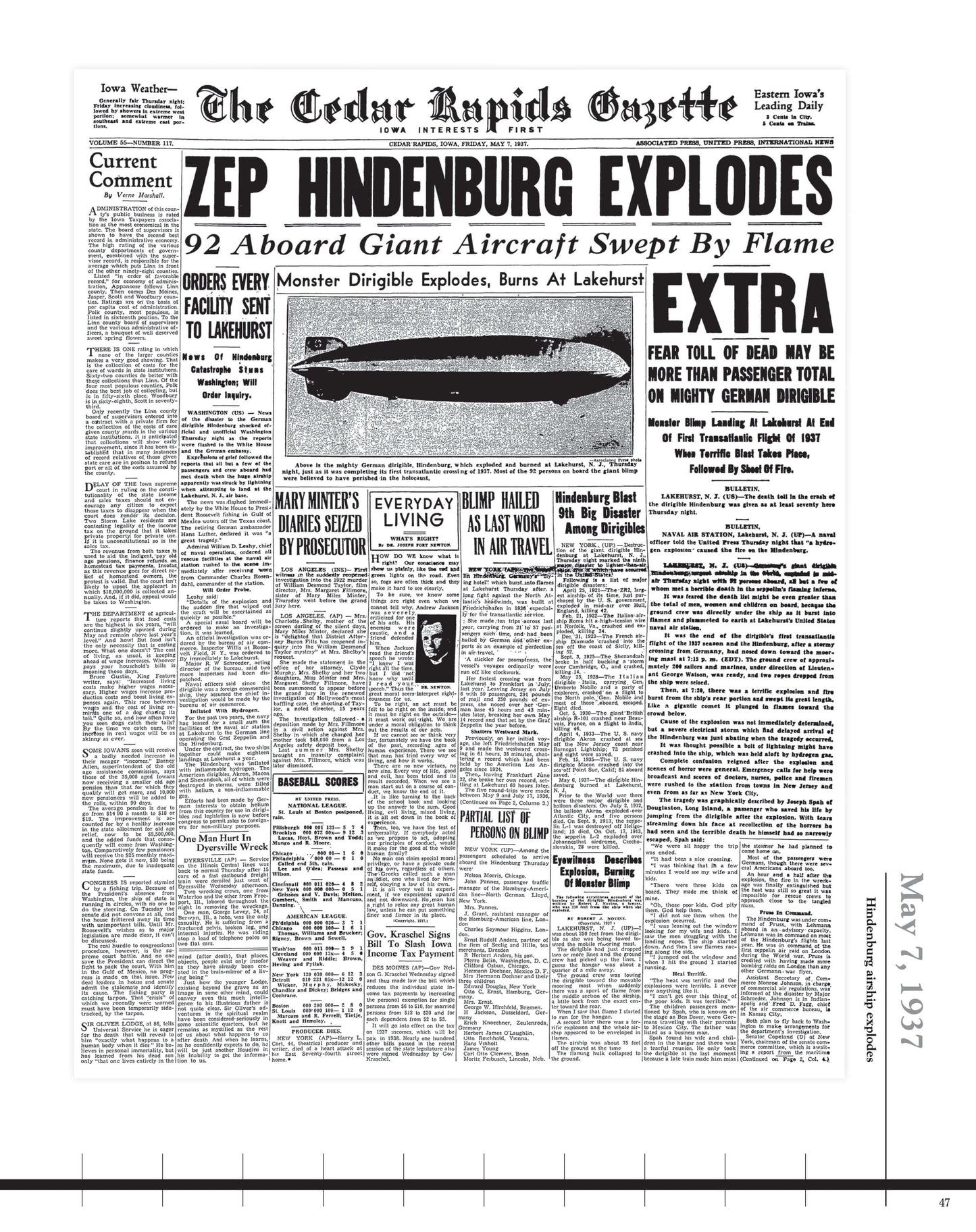 The Gazette Cedar Rapids front page from May 7th, 1937 as part of the History in the Making Book, 135 Years of Gazette Headlines