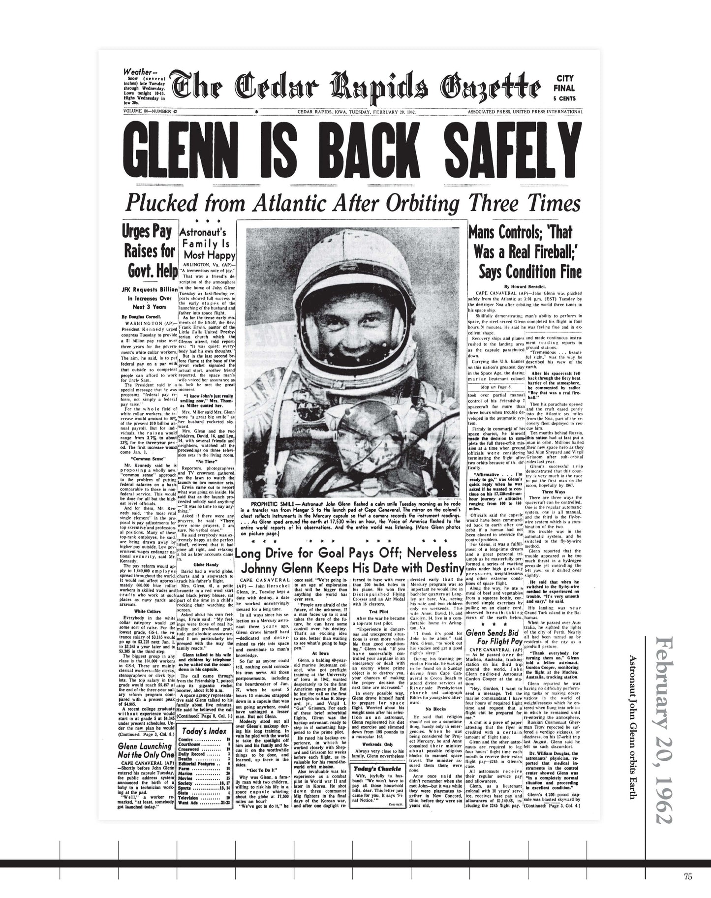 The Gazette Cedar Rapids front page from February 20th, 1962 History in the Making Book 135 Years of Gazette Headlines