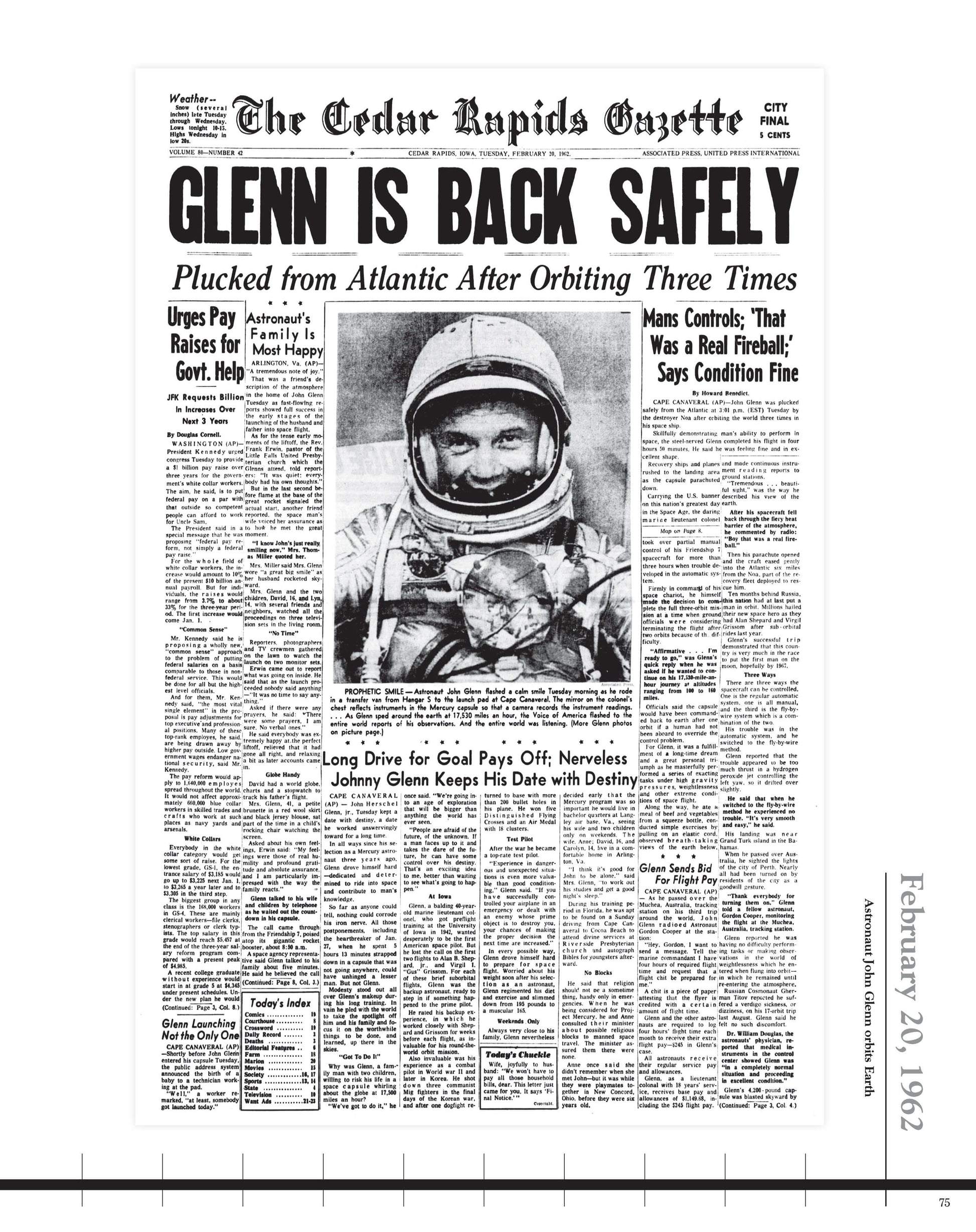 The Gazette Cedar Rapids front page from February 20th, 1962 History in the Making Book 135 Years of Gazette Headlines