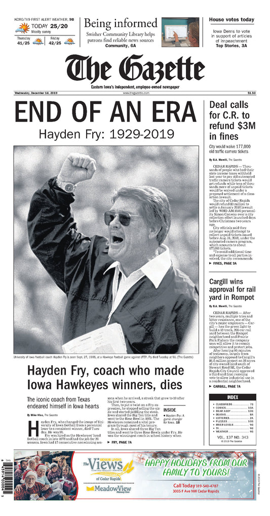 Hayden Fry Gazette front page