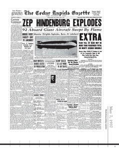 The Gazette Cedar Rapids front page from May 7th, 1937 as part of the History in the Making Book, 135 Years of Gazette Headlines