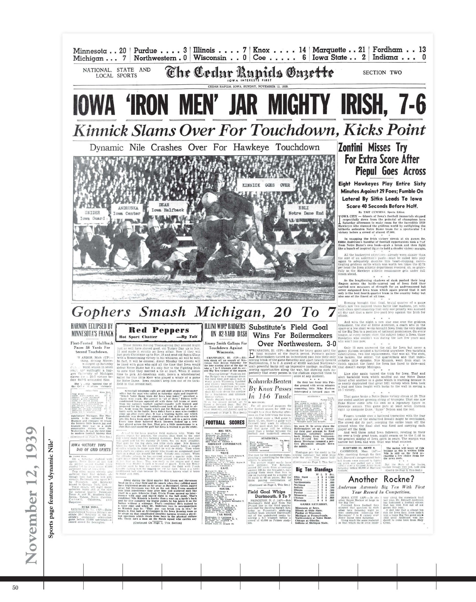 The Gazette Cedar Rapids front page from November 12th, 1939 Nile Kinnick beats Notre Dame History in the Making, 135 Years of Gazette Headlines.